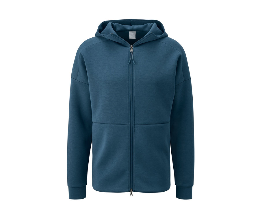 Blaue Funktionsjacke mit Kapuze und Reißverschluss.
