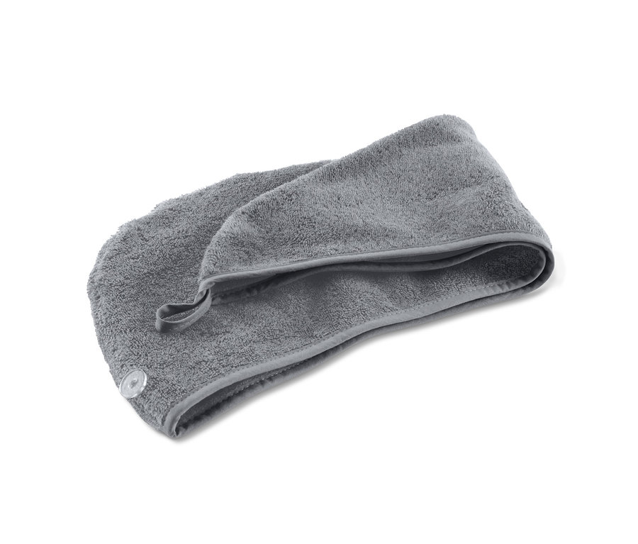 Graues Turban-Handtuch mit Knopf.