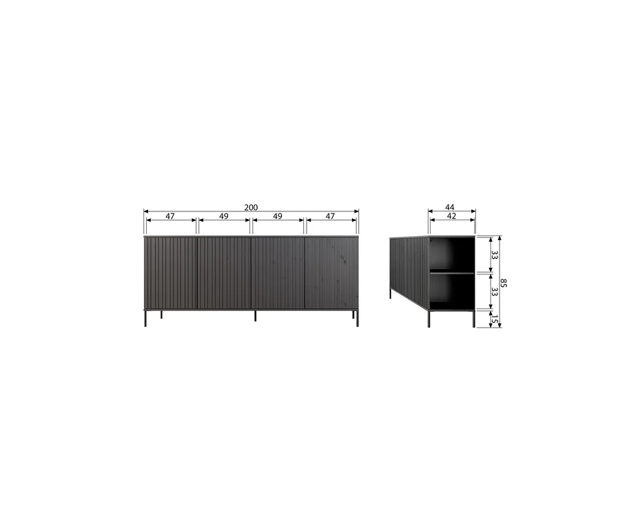 Dunkelgrauer Schrank mit vier Lamellentüren und dünnen Beinen, mit Maßen. Die Vorderansicht zeigt eine Breite von 200 cm. Die Seitenansicht zeigt eine Höhe von 85 cm, eine Tiefe von 44 cm und zwei 33 cm hohe Innenfächer.