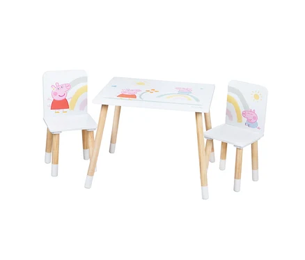 Kindertisch mit zwei Stühlen mit Peppa Pig Motiven.