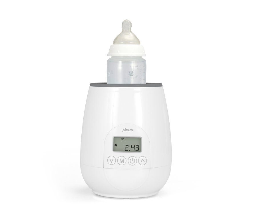 Ein weißer Babyflaschenwärmer mit einer Flasche oben drauf. Alecto-Babykostwärmer »BW-700« ist sichtbar.