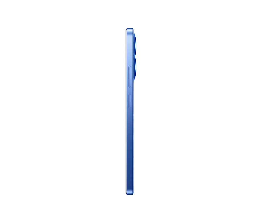 Seitliche Ansicht eines blauen Xiaomi Redmi 15C 128 GB Moonlight Blue Smartphones vor einem weißen Hintergrund.