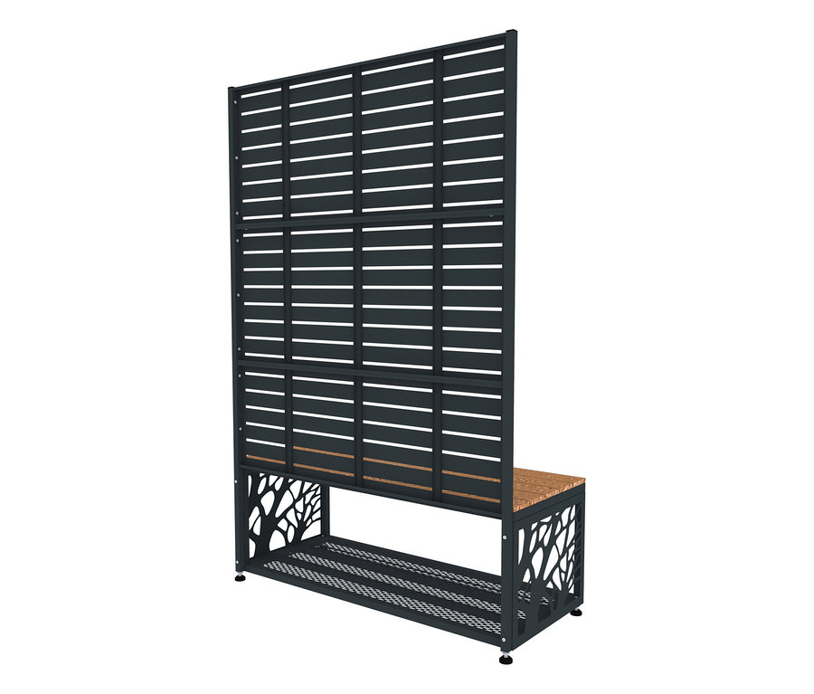 Dunkelgrauer Sichtschutz aus Metall mit horizontalen Lamellen, integrierter Sitzbank aus Holz und Kaminholzregal.