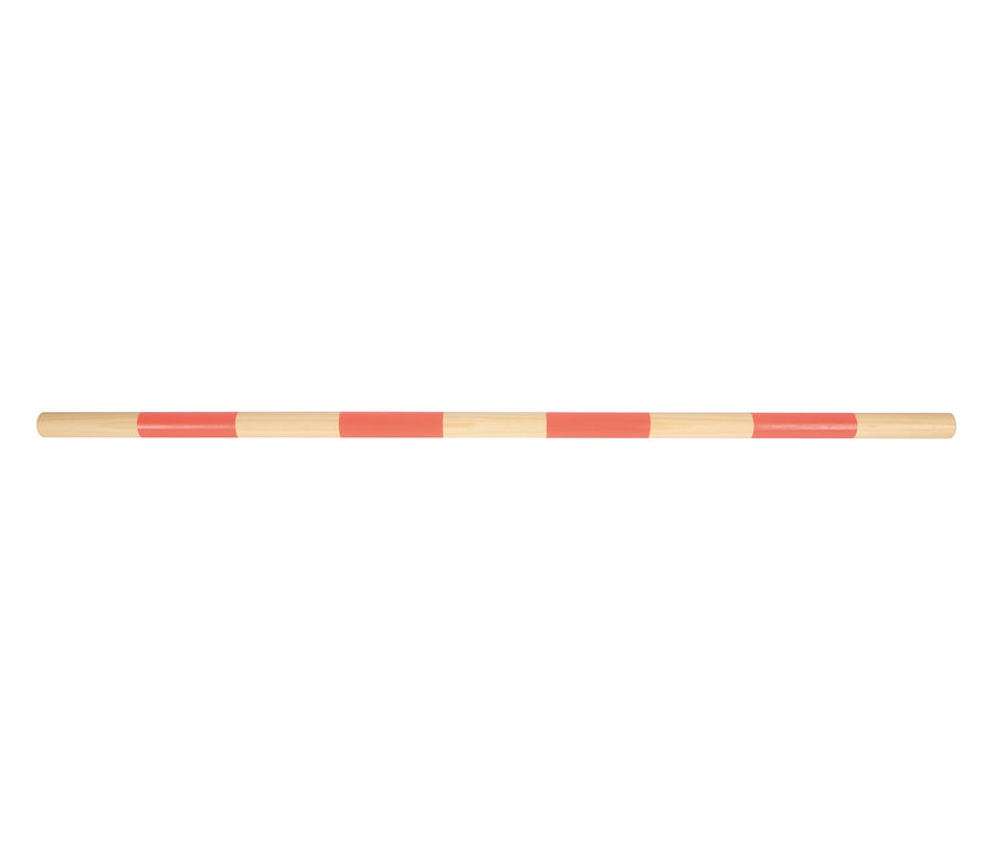 Eine helle Holzstange mit abwechselnden korallenfarbenen Streifen, horizontal positioniert.