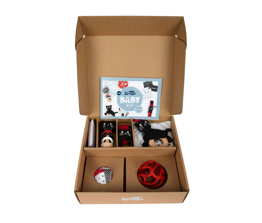 Offener Karton gefüllt mit Babyspielzeug. Darin befinden sich ein „Baby Box“-Heft, zwei schwarze Katzenrasseln mit roten und weißen Ringen, ein schwarzer Katzenbeißring, ein schwarz-weißer Stoffball und eine rote Kugelrassel.