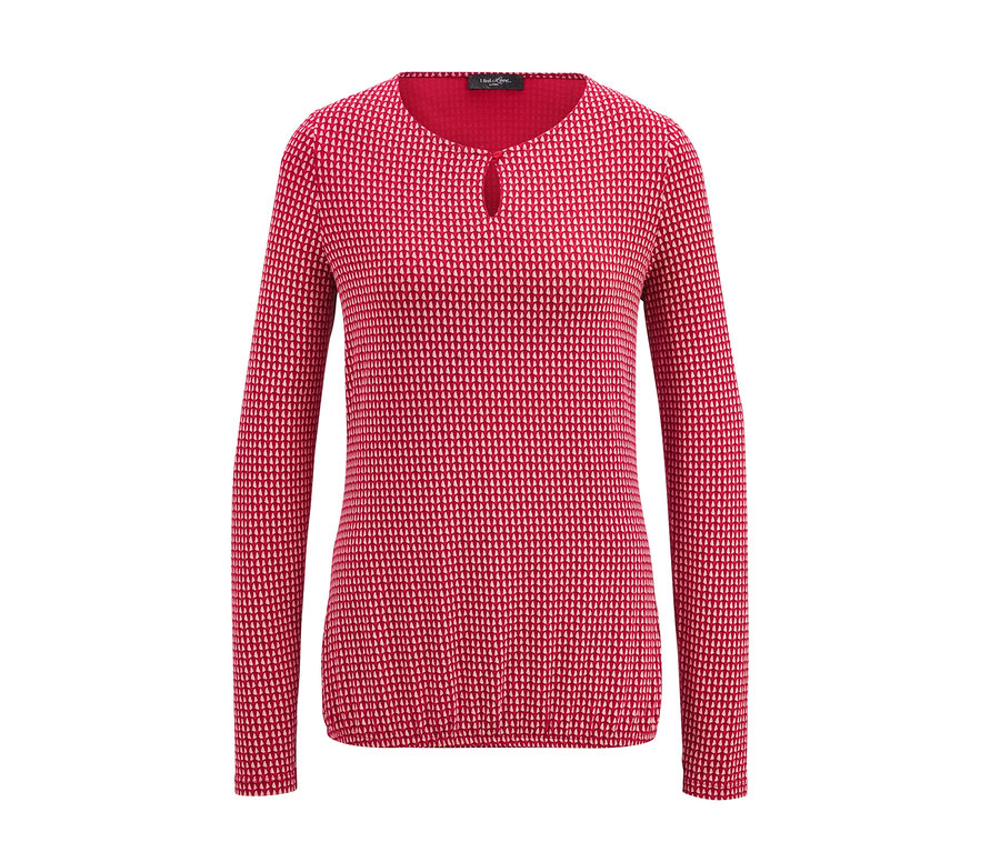 Rot-weißes, langärmeliges Blusenshirt.