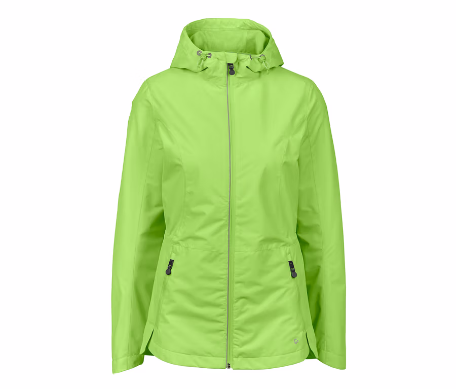 Grüne Windprotection-Laufjacke mit Kapuze und Reißverschluss in der Mitte.