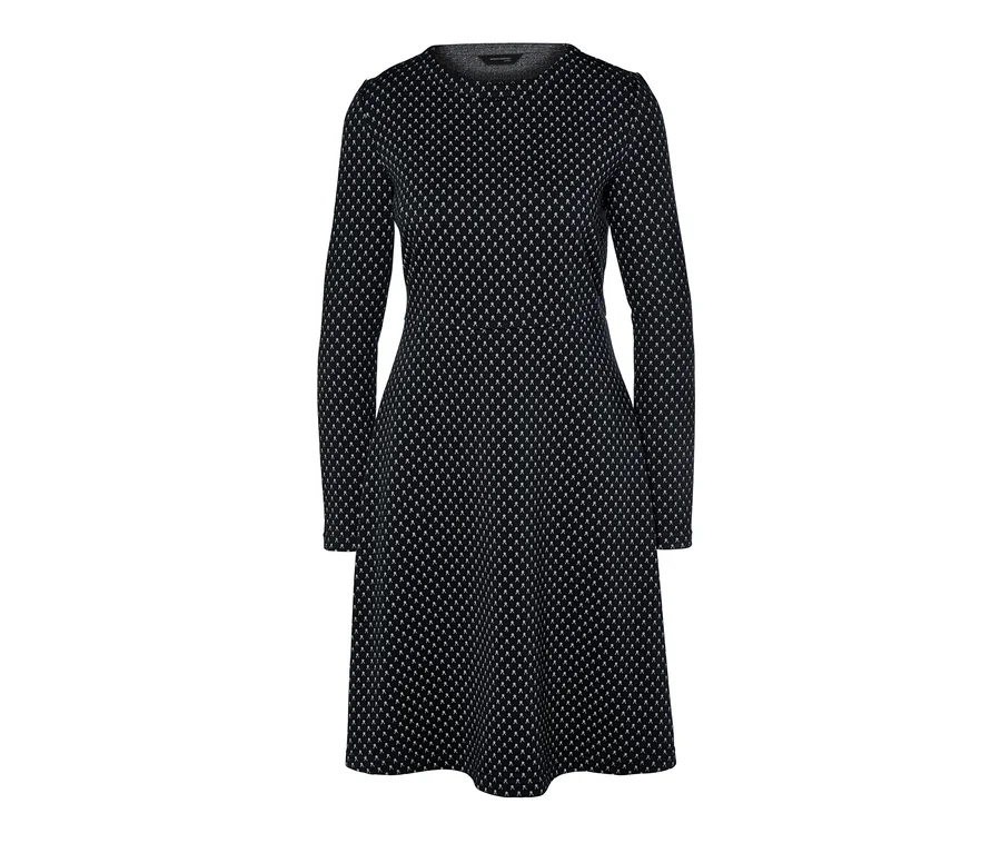 Schwarzes Jacquard-Kleid mit langen Ärmeln.