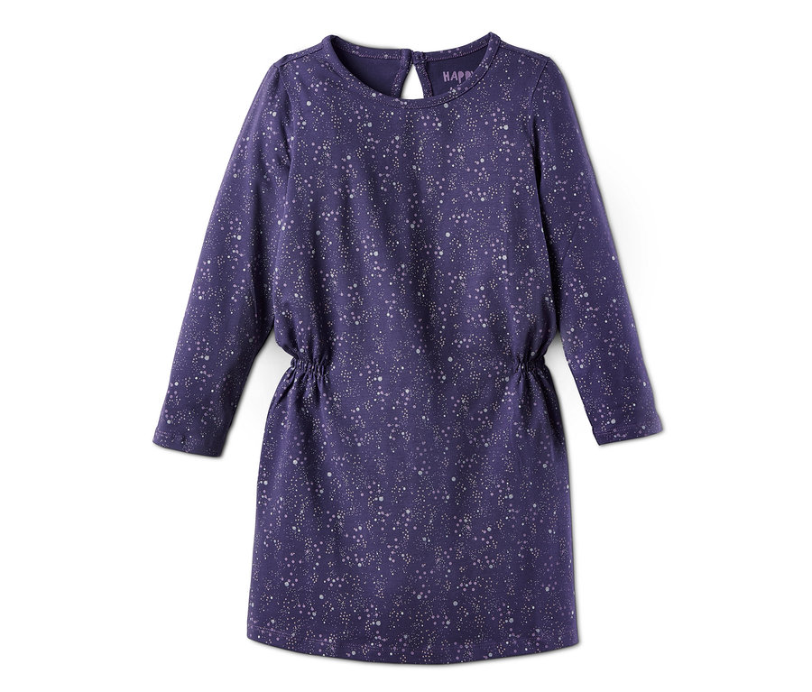 Lila Jerseykleid mit langen Ärmeln und Punktmuster.