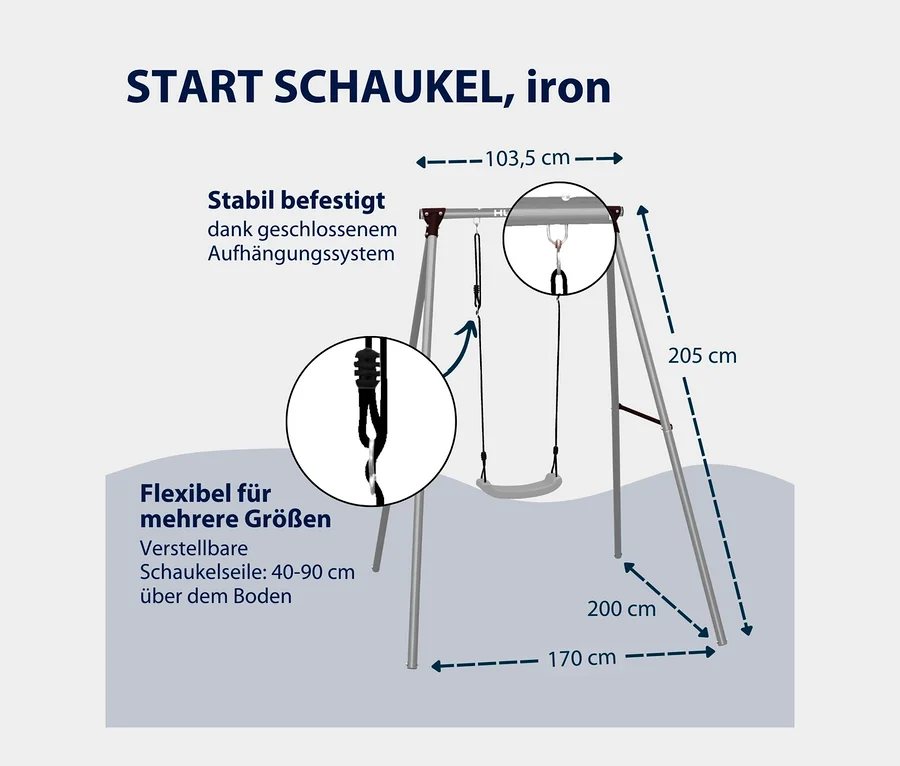 Abbildung der Maße der HUDORA Schaukel »Start«: 205 cm hoch, 170 cm breit und 200 cm tief.