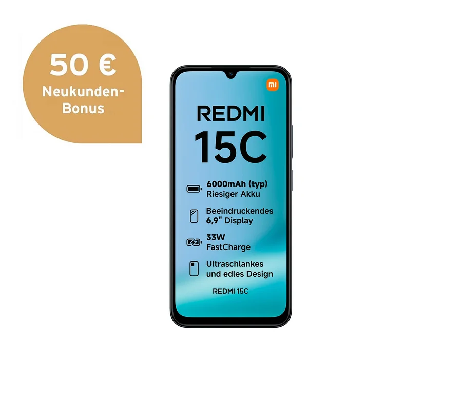 Schwarzes Xiaomi Redmi 15C Smartphone, das seine Funktionen anzeigt: 6000mAh (typ) Riesiger Akku, Beeindruckendes 6,9" Display, 33W FastCharge, Ultraschlankes und edles Design. Daneben ein goldbrauner Kreis mit "50 € Neukunden-Bonus".