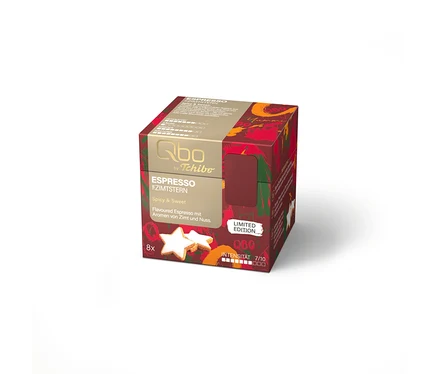 Qbo ES Zimtstern 8 Cup Espresso-Kapselpackung in Rot und Gold mit Zimtstern-Keksen und der Aufschrift "Limited Edition".