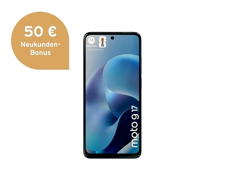 Motorola moto g17 LTE 128GB Smartphone in Alaskan Blue mit blauem Display-Hintergrund und 50 € Neukunden-Bonus.