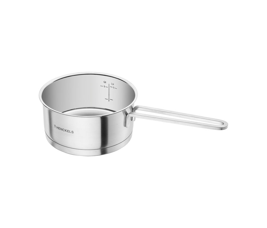 Ein silberner Henckels by ZWILLING »Pulse« Kochtopf aus Edelstahl mit langem Griff und Messskala im Inneren.