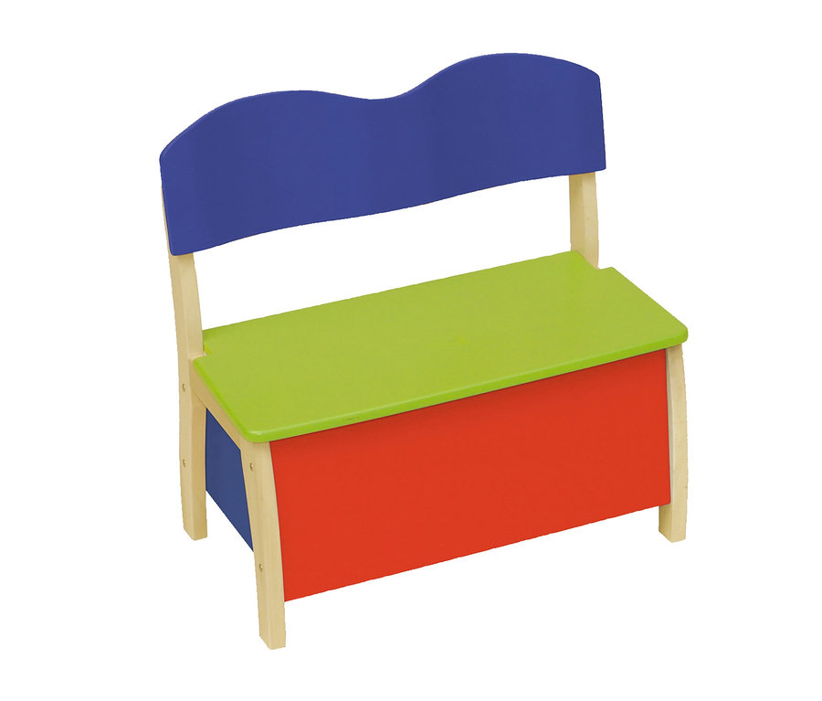 roba Kindertruhenbank mit blauer Rückenlehne, grünem Sitz und roter Truhe.