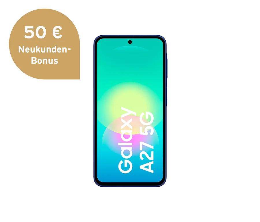 Blaues Samsung Galaxy A27 5G Smartphone mit bunter Anzeige, die "Galaxy A27 5G" zeigt, und einem goldenen "50 € Neukunden-Bonus" Symbol.