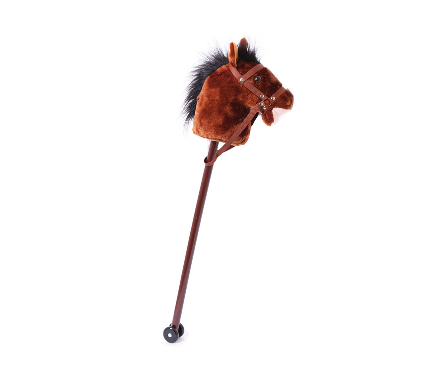 Ein braunes Stoff-Steckenpferd »Donner« von small foot mit Zaumzeug und Rollen.