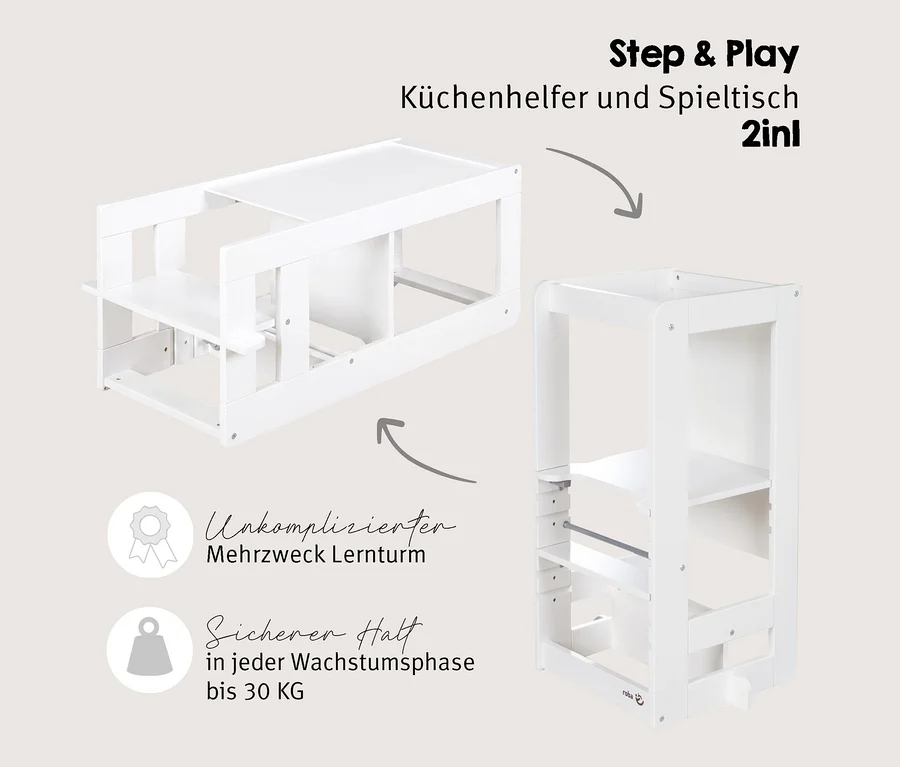Ein weißes Kindermöbelstück aus Holz, das in zwei Konfigurationen gezeigt wird: links ein niedriger Tisch mit Bank und rechts ein hoher Lernturm. Es ist ein 2-in-1 Küchenhelfer und Spieltisch, der sicheren Halt für Kinder bis 30 kg bietet.