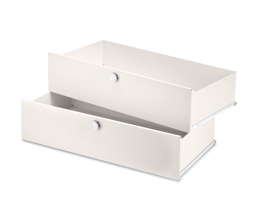 Zwei weiße Metall Schubladen-Ergänzungs-Sets übereinander, beide sind teilweise geöffnet.