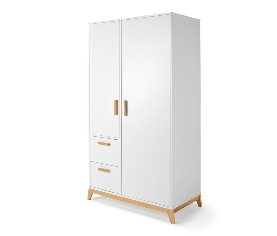 Weißer Kleiderschrank mit zwei Türen und zwei Schubladen.