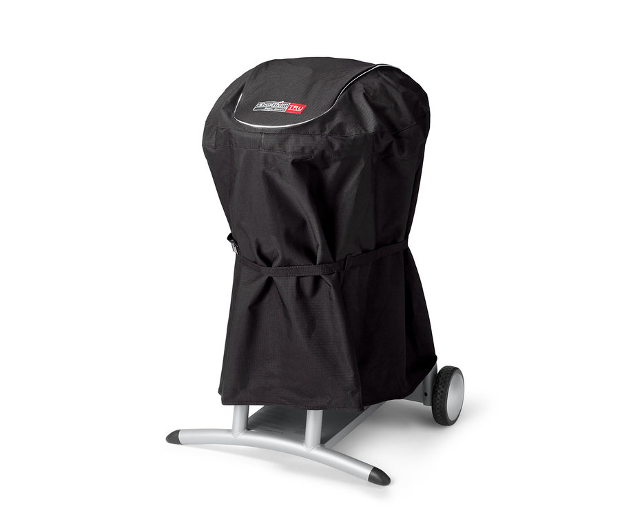 Eine schwarze Char-Broil® Wetterschutzhülle für einen Gas-Kugelgrill.