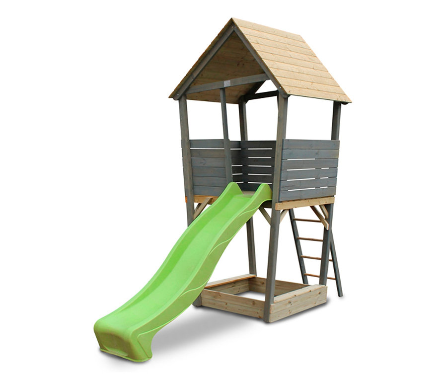 EXIT Spielturm "Aksent" mit Holzturm, grüner Rutsche und Sandkasten.