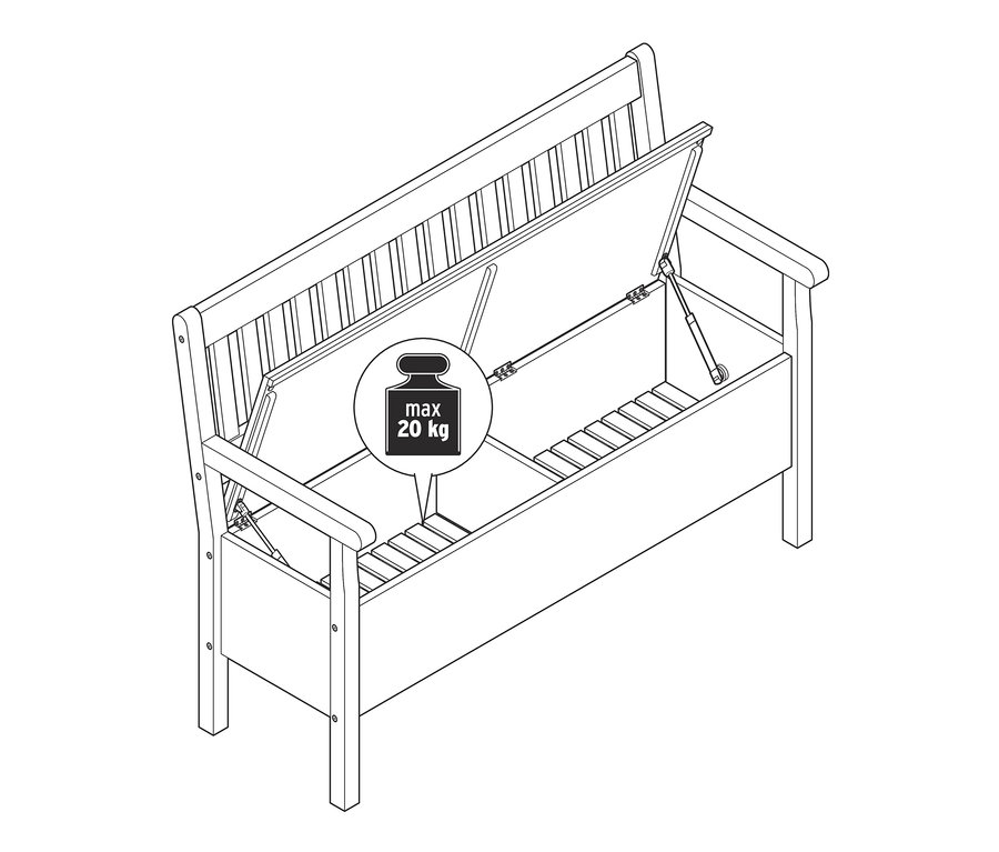 Illustration einer Truhenbank mit geöffnetem Deckel, im Inneren befindet sich ein Etikett mit einem Maximalgewicht von 20 kg.