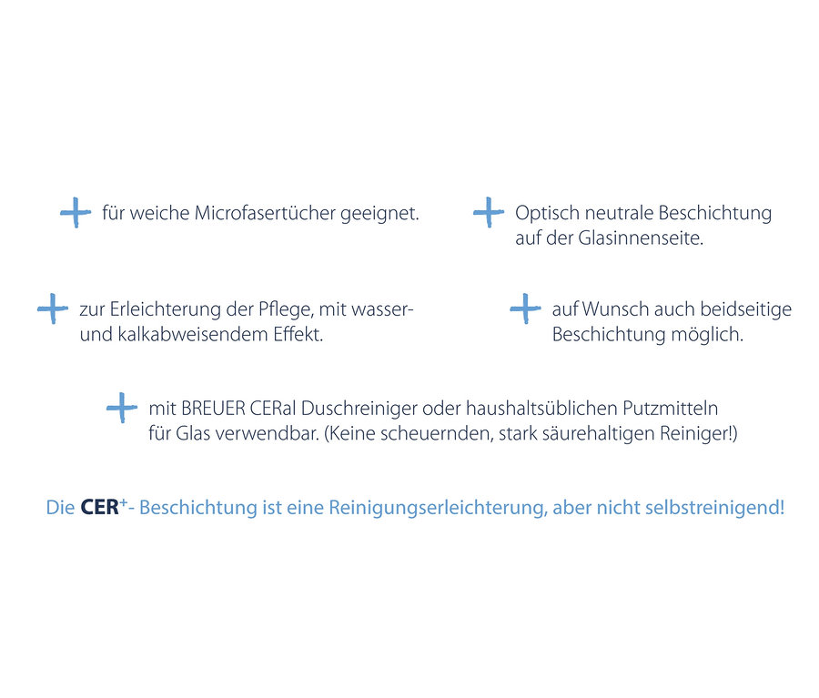 Text über die Eigenschaften von Glasduschtüren, einschließlich Eignung für Mikrofasertücher und wasserabweisende Wirkung.