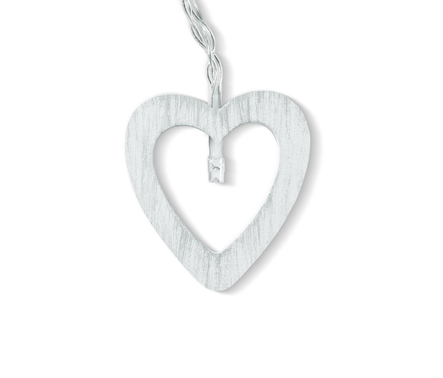 Detailaufnahme einer LED-Lichterkette in Herzform.