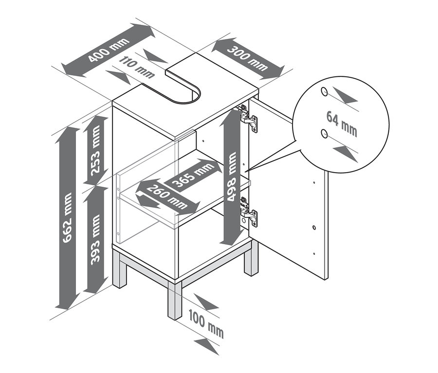 Eine schematische Darstellung eines weißen Waschtischunterschranks mit offener Tür und Maßangaben.
