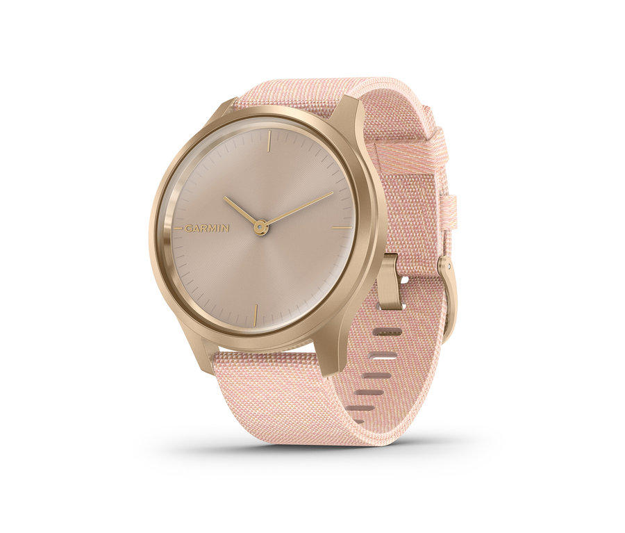 Nahaufnahme einer roségoldfarbenen und weißen Garmin Vivomove Style Smartwatch.