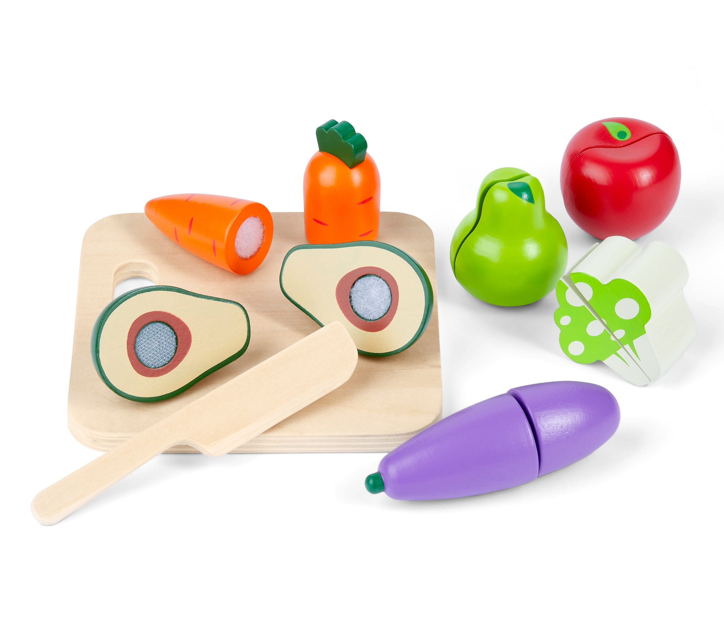 Holz Schneide-Set »Gemüse und Obst« auf einem Brett mit Holzmesser.