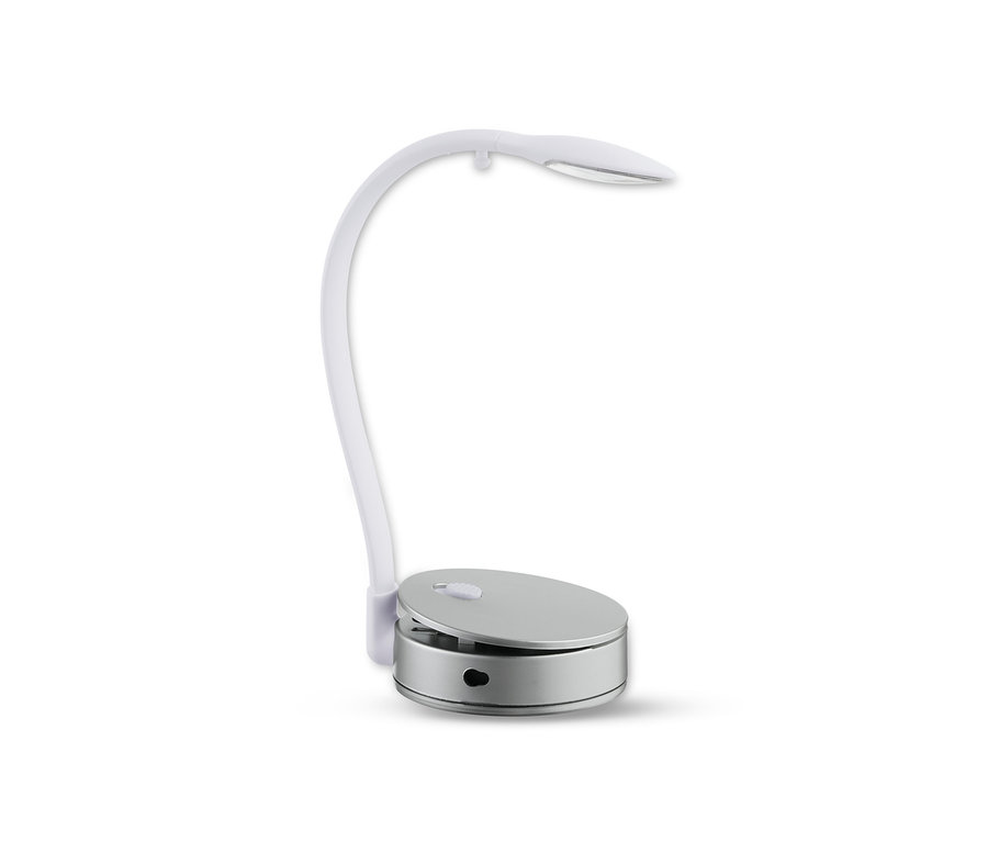 Eine weiße LED-Leseleuchte mit silbernem Sockel.