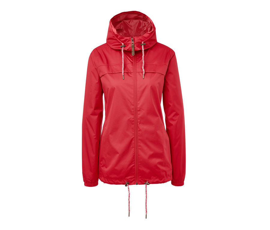 Eine rote Lightweight-Regenjacke »pack me« mit Kapuze und Kordelzug.