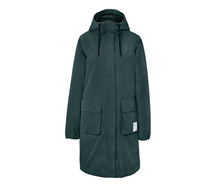 Dunkelgrüner Funktionsparka mit Kapuze und Taschen.