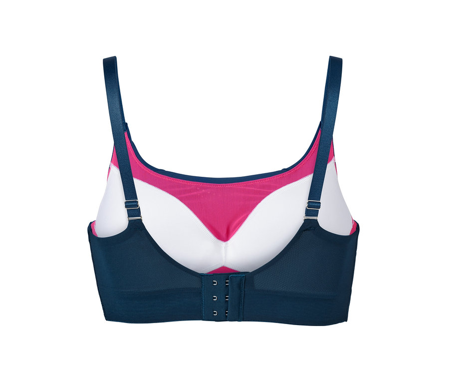 Rückansicht eines Sport-BHs, extrastark, mit blauen Trägern, rosa Mesh und Hakenverschluss.