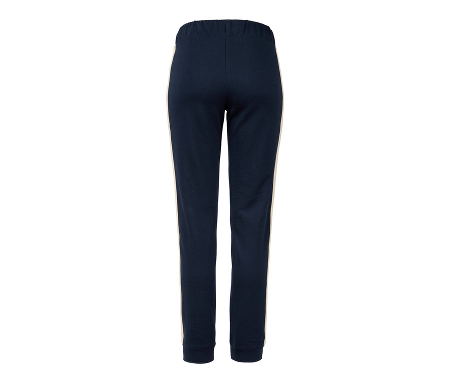 Dunkelblaue Joggpants mit cremefarbenen Streifen an den Seiten.