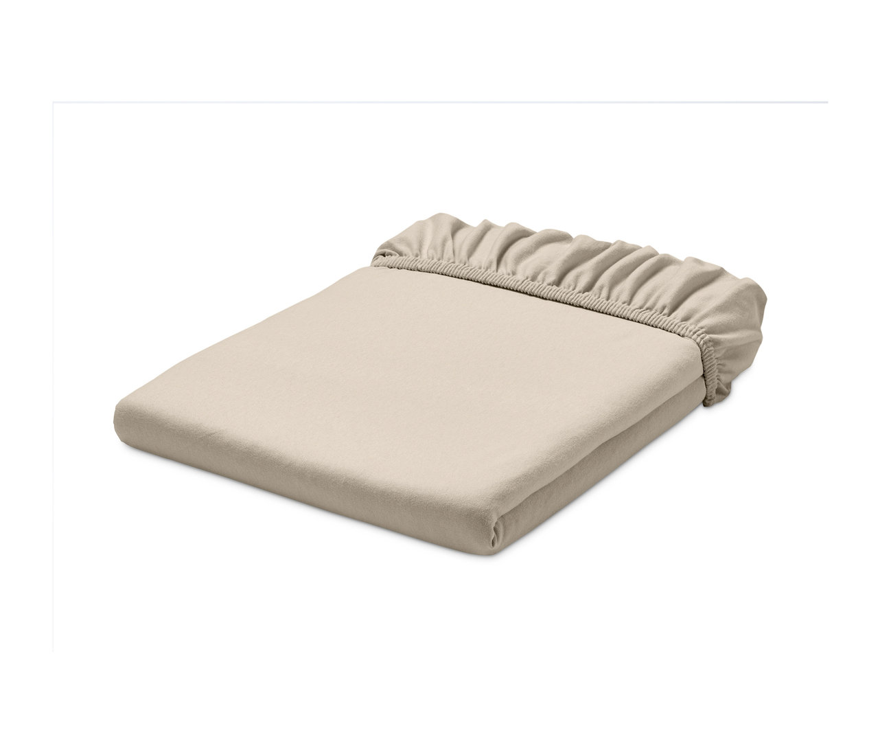 Ein gefaltetes Jersey-Spannbettlaken in Creme.