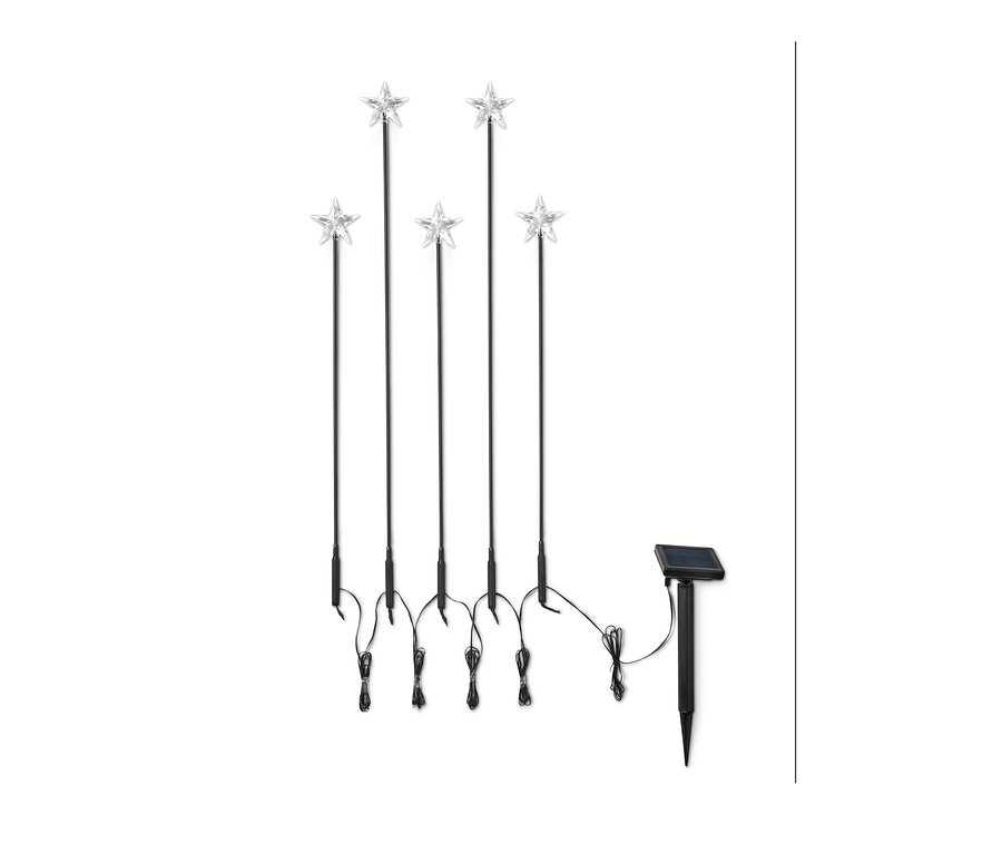 Fünf Solar-Leuchtstäbe in Sternform mit schwarzen Stäben und Solarpanel.