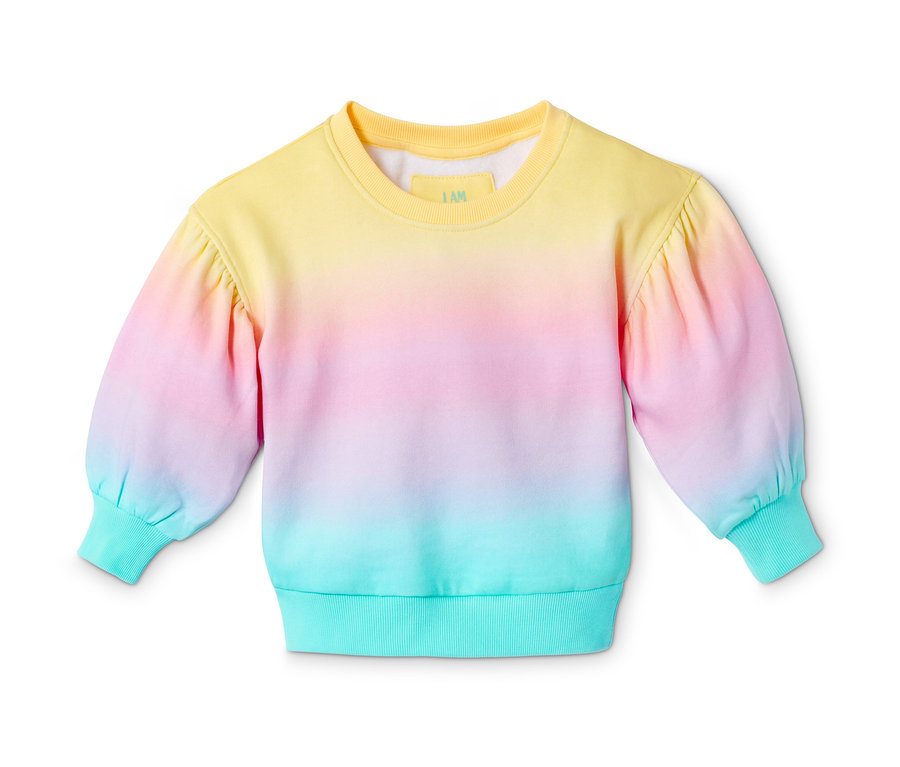 Gelb-rosa-türkises Sweatshirt.