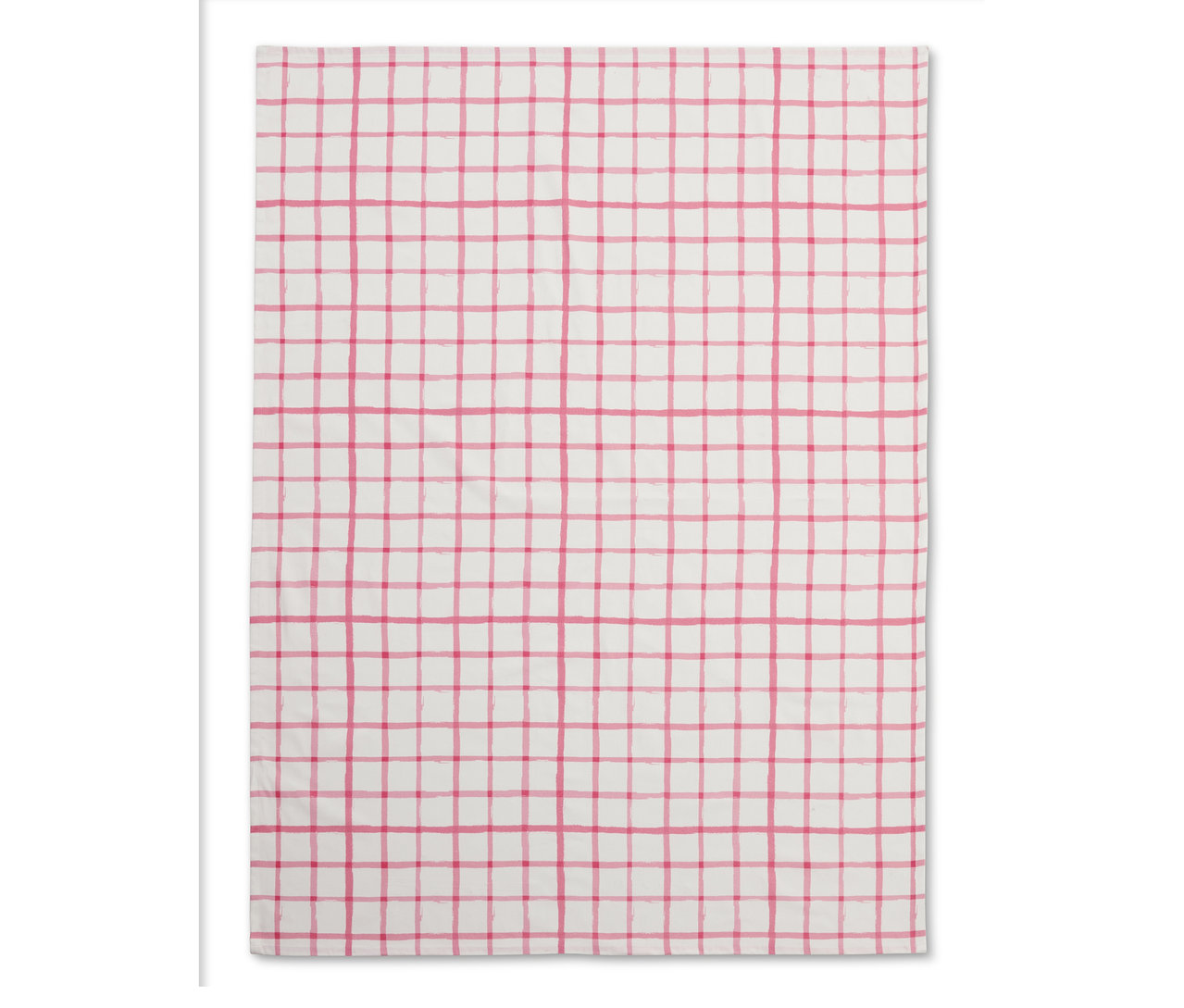 Karierte Tischdecke in Weiss mit pinken Linien.