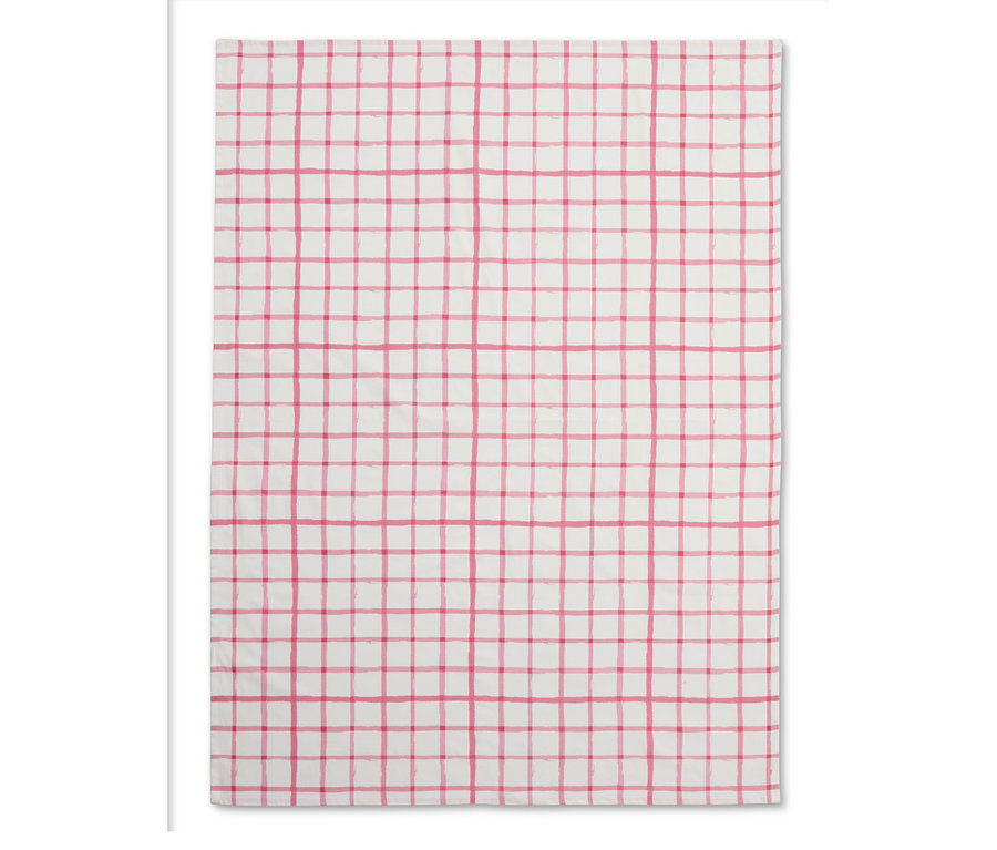 Karierte Tischdecke in Weiss mit pinken Linien.