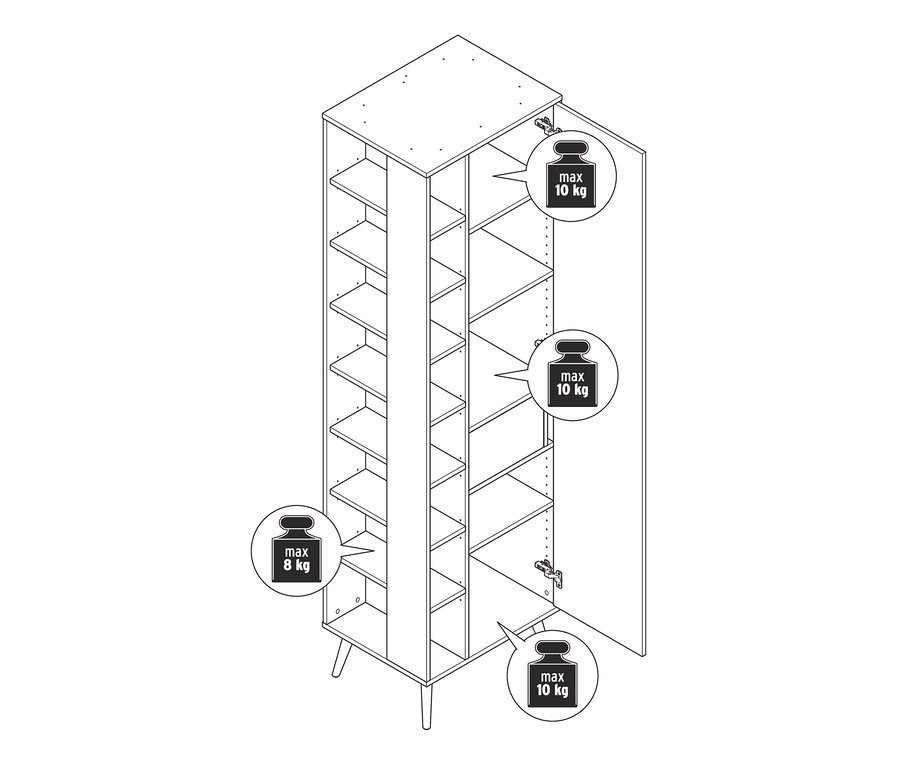 Illustration eines großen Allzweckschranks mit offener Tür und vielen Regalen.