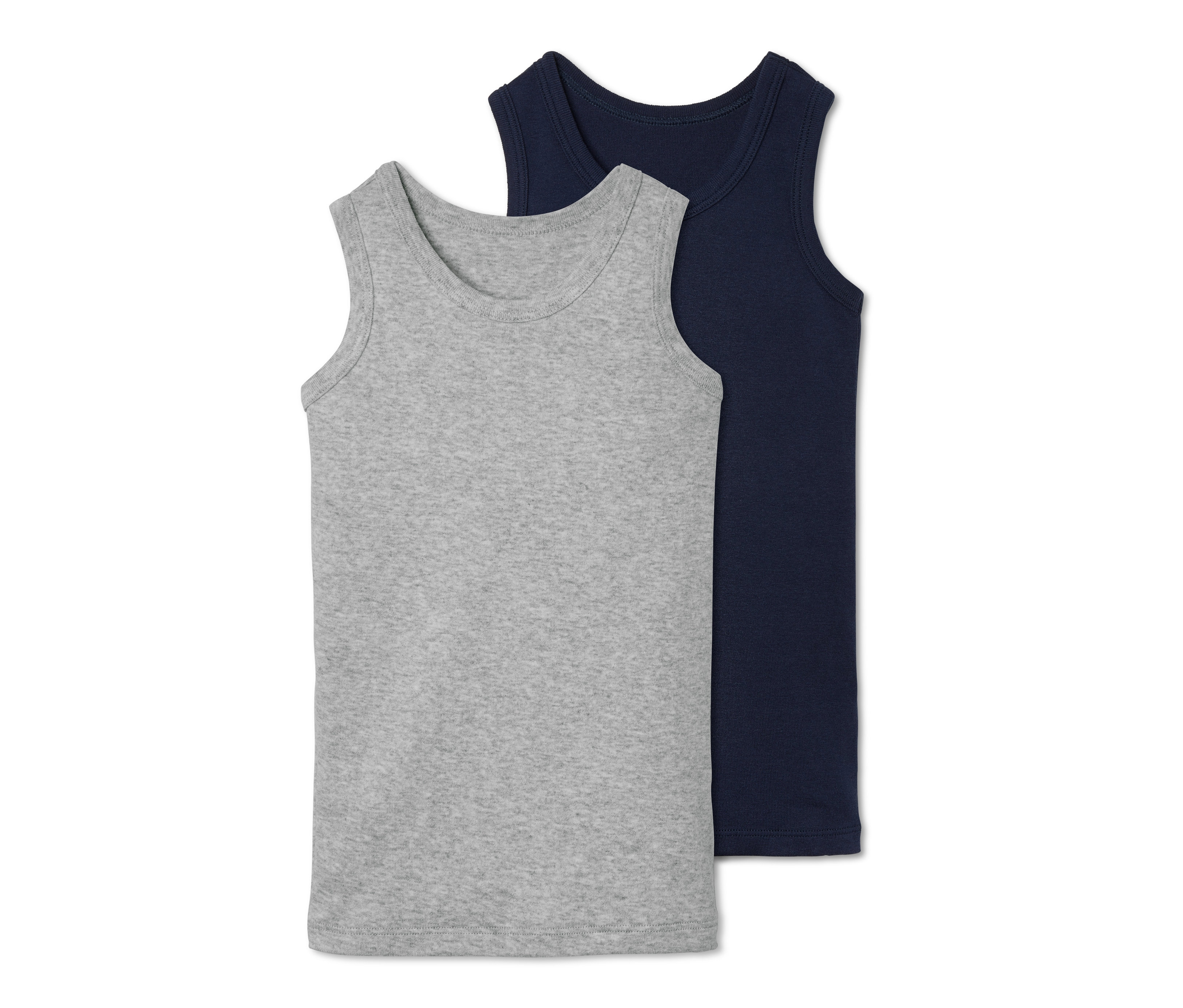 Zwei Unterhemden: ein graues und ein dunkelblaues.