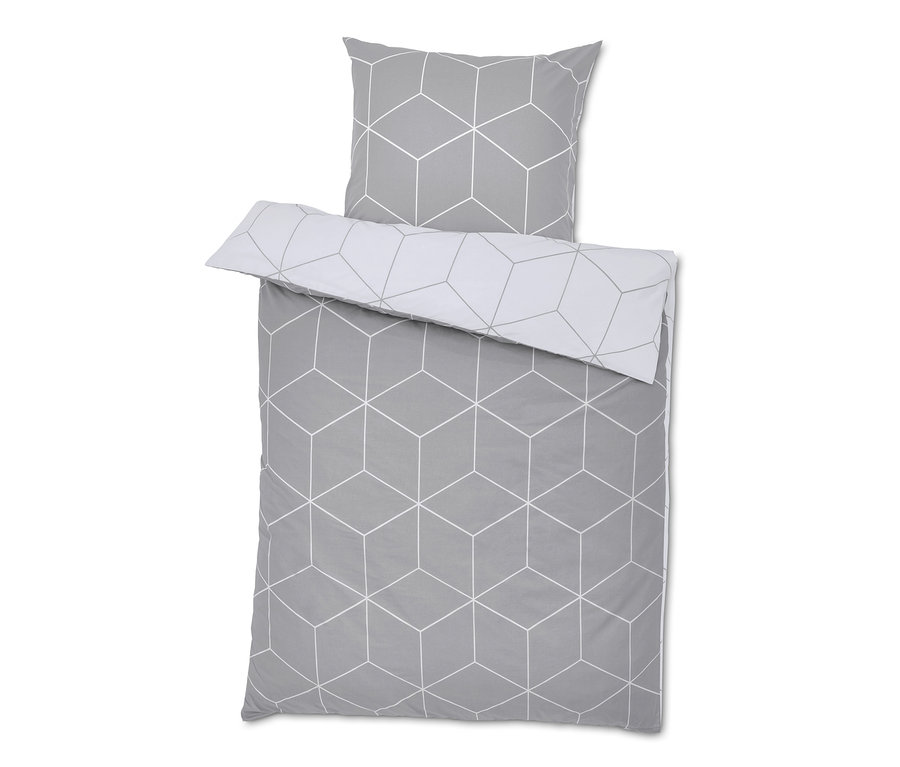 Graue Renforcé-Bettwäsche mit Würfelmuster.