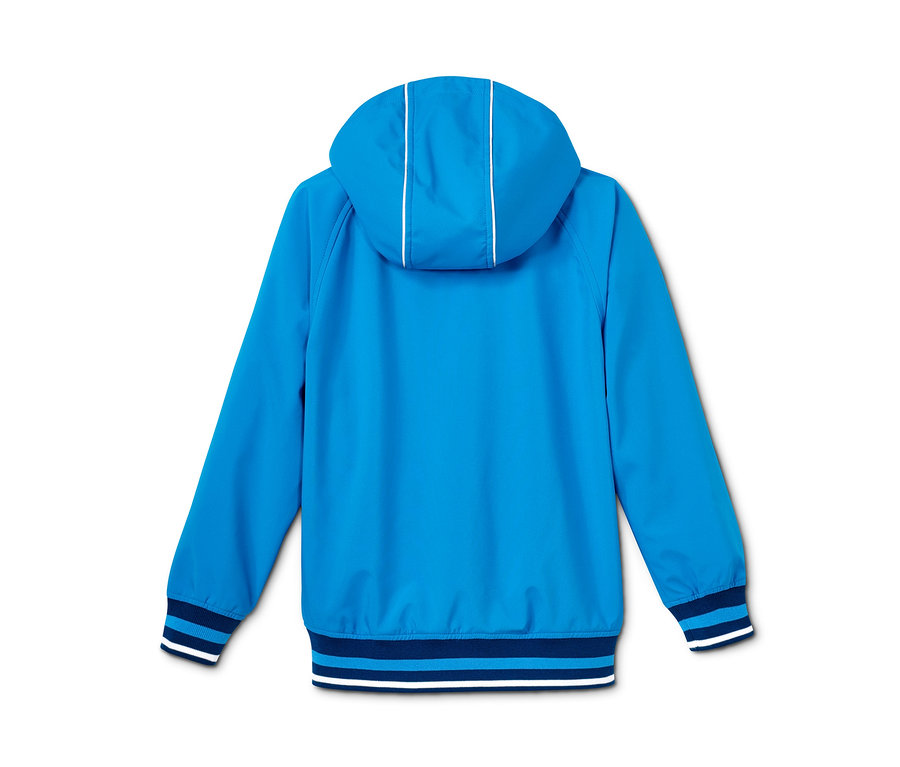 Blaue Softshelljacke mit Kapuze und weißen Details.
