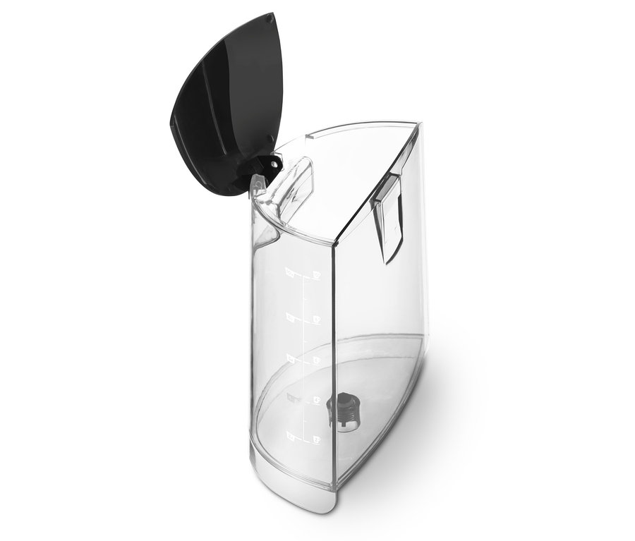 Detailansicht des transparenten Wasserbehälters der »Let's Brew« Filterkaffeemaschine mit schwarzem Deckel.