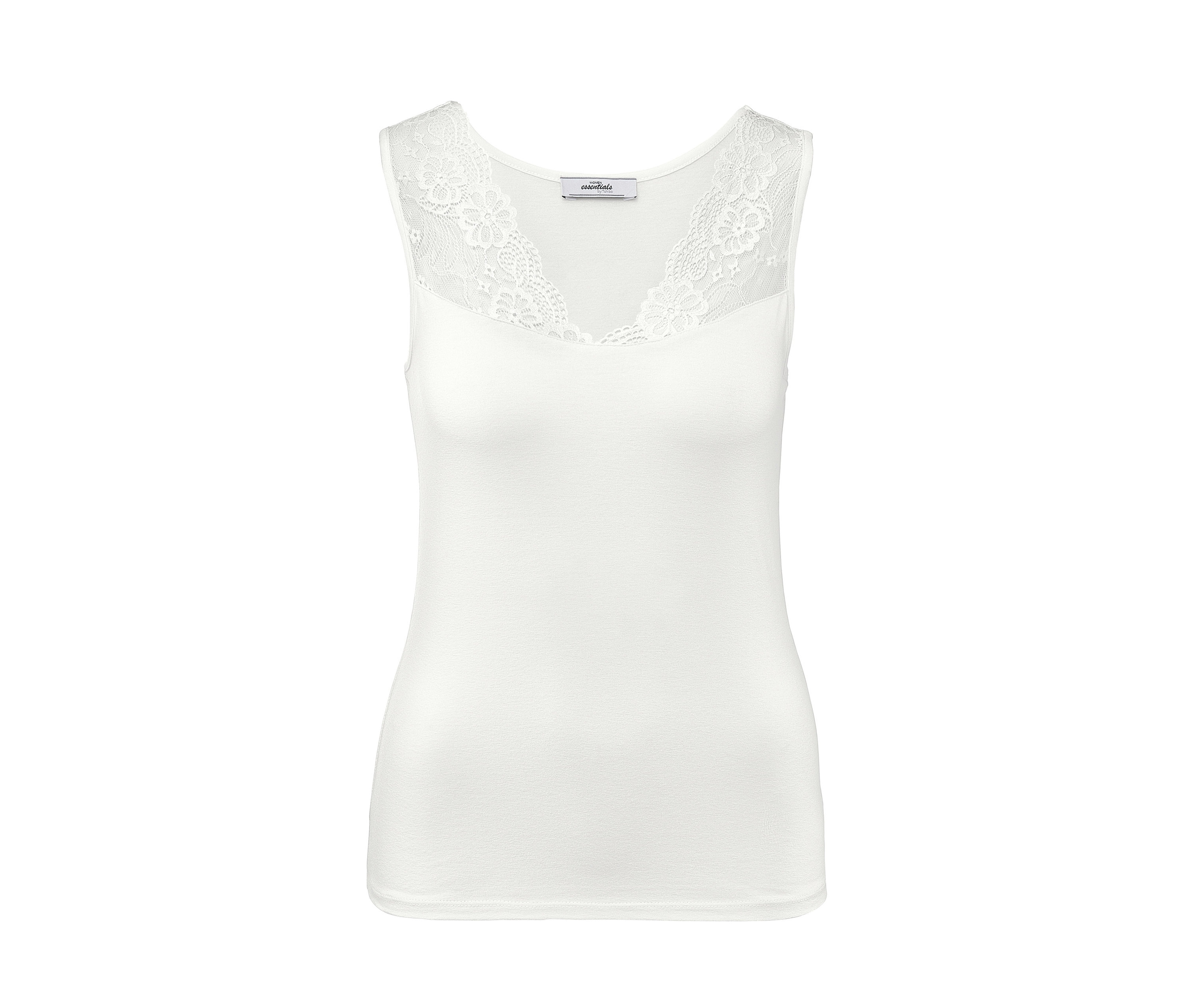 Weißes Damenhemdchen mit Spitze am Ausschnitt.