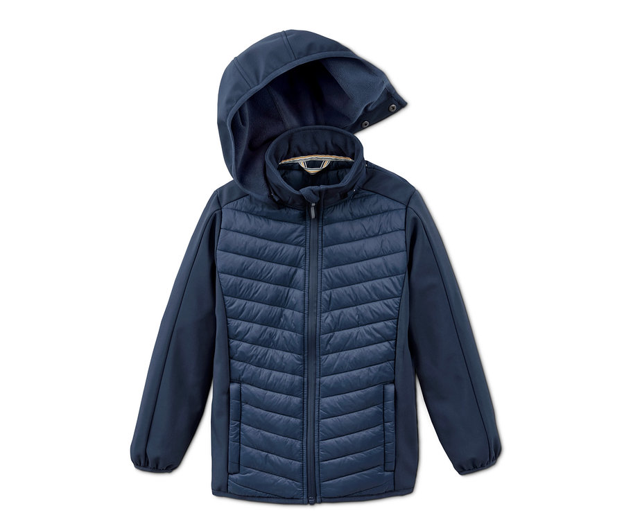 Dunkelblaue Hybrid-Softshelljacke aus recyceltem Material auf weißem Hintergrund.