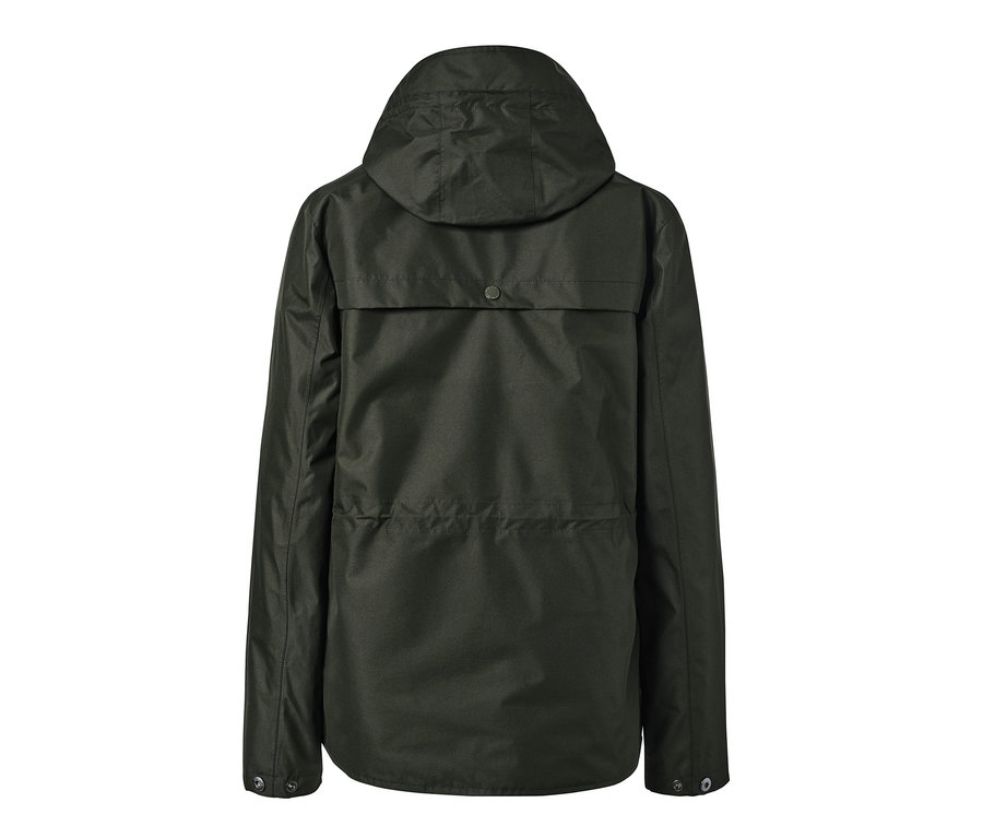 Rückansicht einer Regenjacke mit Kapuze.